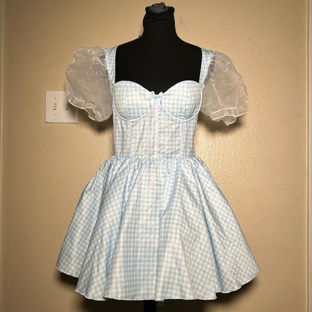 Trickz N Treatz Dorothy Gingham Mini Dress Blue White Sweetheart Puff Sleeve L